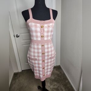 NEW Pink Plaid Bodycon Sleeveless Faux Gold Buttons Mini Dress Medium